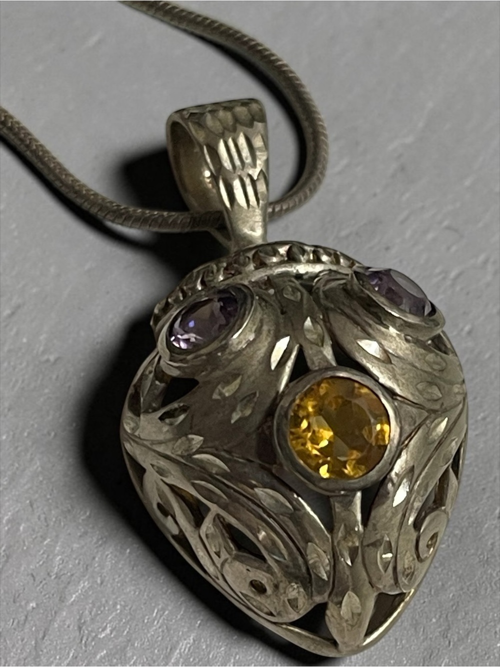 Sterling Silver Diamond Cut Acorn Pendant w Citrine Amethyst on an Italian Chain